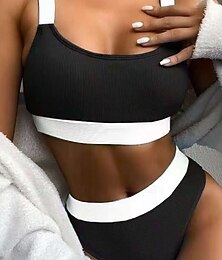 baratos -Mulheres Roupa de Banho Biquíni 2 partes Cintura Alta roupa de banho Patchwork Delgado Frente Única Férias Roupa de Praia Listra Decote U Sem Manga Fatos de banho