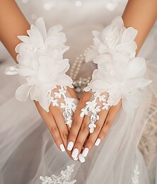 abordables -Gants de mariée pour femme, en polyester multicolore, ornés de pétales de fleurs et de strass. Élégants gants en dentelle, parfaits pour les mariages, les fêtes et les événements spéciaux.