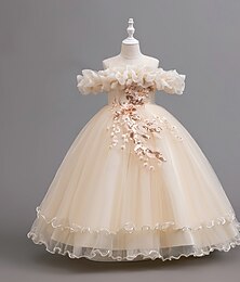 baratos -Infantil Para Meninas Vestido de festa Côr Sólida Sem Manga Casamento Espetáculo Elegante Moda Princesa Misto de Algodão Poliéster Longo Verão Primavera Outono Crianças Champanhe