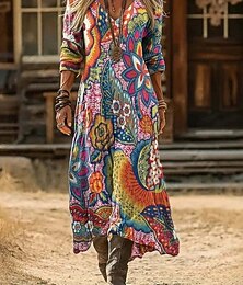 ieftine -Pentru femei Rochie Maxi lungă Rochie de epoca Rochie casual Epocă Zilnic În aer liber Vacanță Fit regulat Floral Manșon Lung În V Roșu-aprins Primăvară Toamnă