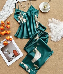 abordables -Femmes Loungewear Ensemble Pyjama Mode Occasionnel Graphique Taille Élastique Pantalon Maison Vacances Sans manches Bretelles Vert Été Printemps Coupe régulière