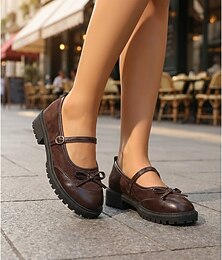 abordables -Ballerines Mary Jane marron vintage pour femme - chaussures confortables à bout rond avec un joli nœud papillon &semelle crantée épaisse pour le travail au bureau et les vêtements décontractés du
