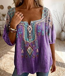 billiga -Dam Blus Mönster Blommig Grafisk Paisley Dagligen Stylish Grundläggande Halvlång ärm Fyrkantig hals Vanliga toppar Dagligen Blå Purpur Grön Sommar Vår