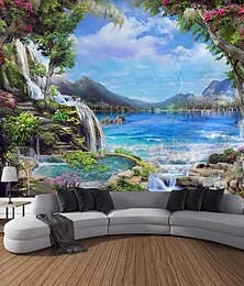 billiga -Naturlandskap vattenfall och blå sjö 3D realistiska landskap vägggobelänger drömska skog berg och blommor hängande gobeläng för vardagsrum sovrum studentrum hemmakontor inredning