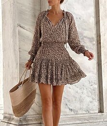 abordables -mini robe à volants et col en V à imprimé léopard et à fleurs pour femme, tenue quotidienne, vacances, manches longues, été, printemps
