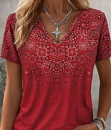 preiswerte -Damen T Shirt Druck Blumen Grafik Vintage Stilvoll Klassisch Kurzarm V Ausschnitt Normale Oberteile Täglich Weiß / blau Schwarz Rote Sommer Frühling