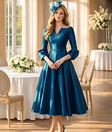 voordelige -A-lijn Over de knie Cocktailjurken Feestjurken Elegant Moeder 3/4 mouw V-hals Formeel Bruiloft gast Satijn met Plooien