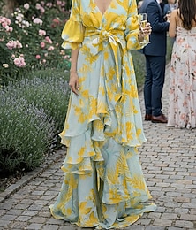 baratos -Linha A Cauda Corte Vestidos de festa Floral vestido voador Manga Longa Decote V Festa de Jardim Convidado do casamento Polyester com Estampado Com tiras