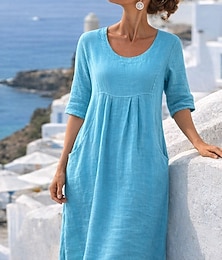 Недорогие -Жен. Платье средней длины Платье прямого кроя Летнее платье На каждый день Повседневные Свободное облегание Полотняное плетение Рукав 3/4 V-образный вырез Синий Розовый Темно синий Зеленый Лето Весна