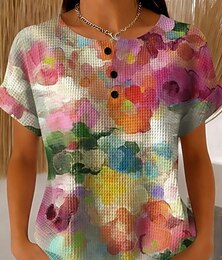 お買い得  -女性用ワッフルテクスチャニットトップス Tシャツ カラーブロック ボタン フロント グラフィック ジオメトリック プランツ スタイリッシュ クラシック ショートスリーブ クルーネック ラウンドネック デイリー スポーツ ウィークエンド 青 レインボー 赤  青 夏