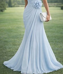 economico -Linea ad A Lunghezza al pavimento Abito da Sera Da principessa Elegante Madre della sposa Senza Maniche Monospalla Matrimonio Formale Chiffon con Fiore ricamato Pieghe Arricciato