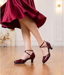 halpa -naisten viininpunaiset lakatut tanssikengät ristiremmillä, matalakorkoiset standardit tanssikengät valssiin, foxtrottiin &harjoitus, elegantit ja mukavat tanssikorkokengät