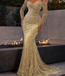 preiswerte -Meerjungfrauenschnitt Bodenlange Schleppe Abiballkleider Abendkleid Festliche Kleidung Elegant Glitzernd Promi-Stil Langarm Herzförmiger Ausschnitt Gartenparty Hochzeit Paillettenbesetzt mit Glitzer