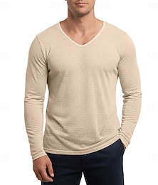 Недорогие -Муж. Футболка Футболки Рубашка с длинным рукавом Длинный рукав V-образный вырез Лето Весна Все сезоны Полотняное плетение Текстура Мода Оригинальный рисунок Классический Классический