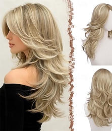 abordables -Perruque blonde foncée ondulée dégradée avec frange rideau pour femme, perruque synthétique de 56 cm de long, aspect naturel, raie au milieu, idéale pour les soirées costumées et le quotidien.