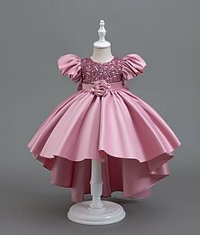 baratos -Infantil Para Meninas Vestido de festa Côr Sólida Manga Curta Espetáculo Paetês Princesa Misto de Algodão Poliéster Médio Verão Primavera Outono Crianças Azul Pasta de feijão em pó