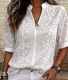 economico -Per donna Blusa Pizzo Traforato Tinta unica Elegante Casual Mezza Manica Scollo a V Top Regolari Quotidiano Bianco Estate Primavera