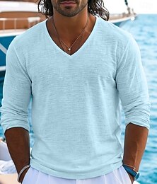 preiswerte -Herren T-Shirt Leinen-T-Shirt Langarm V Ausschnitt Sommer Frühling Frühling & Sommer Einfarbig Einfach Texture Täglich Lässig Streetstyle Rein Lässig Outdoor Straße Blau Meerblau Schwarz Top T-Shirt