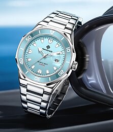 voordelige -Heren quartzhorloge, waterdicht analoog polshorloge van roestvrij staal met lichtblauwe turkooizen wijzerplaat, duikersmodel met vergrote datumweergave, modieus zakelijk casual polshorloge voor mannen