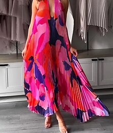 abordables -Femmes Robe maxi Robe évasée Robe Fleurie Robe à col licou Élégant Mode Moderne Extérieur Vacances Soirée Coupe Ample Fleuri Sans manches Col Halter Orange Marron Rose rouge Été Printemps