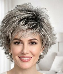 baratos -Peruca curta e elegante para mulheres - corte bob prateado em camadas.
