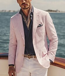 お買い得  -男性用 ブレザージャケット クロージャーカラー ファッション ライトウェイト カジュアル ストライプ Blazer シアサッカーブレザー ピンク スカイブルー セージグリーン テイラーフィット シングルブレスト 2つボタン