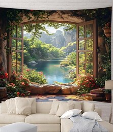 cheap -3D Nature Window View Wall Tapestry Serene Lake Mountain Forest Landscape Wall Hanging Floral Garden Home Decor Bedroom Living Room Backdrop Art Mural