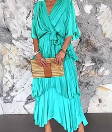 billiga -Dam Midiklänning Vardagsklänning Chiffong Chiffongklänningar Elegant Mode Modern Utomhus Semester Utekväll Normal Slät Halvlång ärm V-hals aquablått Svart Marinblå Mörkblå Sommar Vår