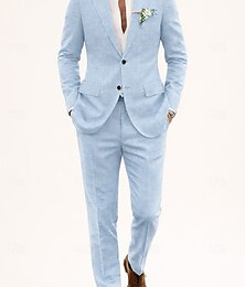 お買い得  -男性用 タキシード リネンスーツ ビーチウェディング スカイブルー ベージュ 夏 スーツ ノッチドラペル ソリッド テイラーフィット 2点セット シングルブレスト 二つボタン