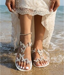 abordables -Sandales blanches de mariée pour femmes - élégantes chaussures de mariage de plage ornées de papillons en strass