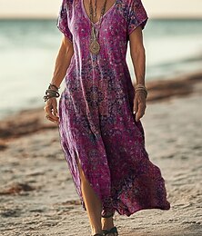 preiswerte -Damen Maxikleid Boho-Kleid Freizeitkleid A Linie Kleid Druckkleid Mode Modern Outdoor Urlaub Wochenende Lässiger Schnitt Blumen Grafik Kurzarm V Ausschnitt Wein Armeegrün Marineblau Purpur Sommer