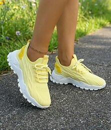 preiswerte -Gelbe Strick-Walkingschuhe für Damen – leichte, atmungsaktive Sportschuhe, lässige Freizeitschuhe zum Spazierengehen, fürs Fitnessstudio, auf Reisen und im Alltag