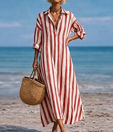 baratos -Vestido longo maxi feminino em imitação de algodão e linho, estilo camisa, casual, moderno, para uso diário, férias, passeios, modelagem solta, listrado, manga longa, decote em V, nas cores azul, preto, rosa e vermelho, ideal para primavera e outono.