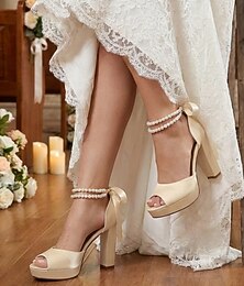 abordables -Sandales compensées blanc ivoire pour femmes - élégants escarpins de mariée à brides perlées pour les mariages à l'église
