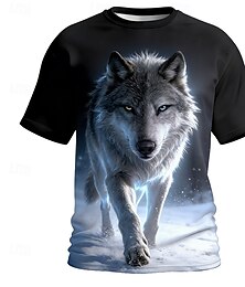 abordables -Camiseta de hombre con heterocromía, lobo, ojos amarillos y azules, aura azul nevada, estilo urbano y fantasía, con estampado integral, manga corta, corte regular, ropa casual para uso diario, de