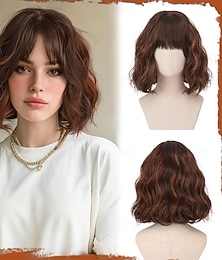 cheap -Short Wavy Golden Chestnut Brown Wig - 12 Inch Bob Wig with Bangs for Women Curly Shoulder Length Bob Wig with Bangs Soft Synthetic Hair Wigs for Girls Daily Party Use