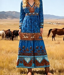 ieftine -Pentru femei Rochie Maxi Rochie Boho Rochie casual Rochie leagăn Elegant Modă Modern În aer liber Vacanță Ieșire Fit regulat Tribal Manșon Lung În V Albastru piscină Vară Primăvară