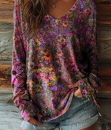 economico -Per donna Maglietta Stampato Floreale Grafico Girasole Vintage Casual Boho Manica Lunga Scollo a V Top Regolari Quotidiano Blu Verde scuro Viola Arancione Grigio carbone Estate Primavera Autunno