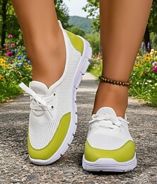 abordables -Baskets montantes blanches et vertes en maille pour femmes avec finitions contrastées – chaussures de marche légères et respirantes pour les activités de plein air, les voyages et le quotidien