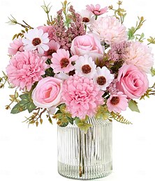 abordables -Fleurs artificielles imitant de vraies fleurs, bouquet de 2 ou 4 roses artificielles en soie avec marguerites et chrysanthèmes roses, idéal pour décorer une table (centre de table, mariage, etc.) ou