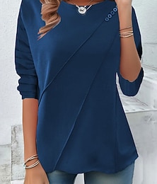 זול -חולצת טריקו לנשים עם שרוול ארוך צבע אחיד אלגנטית קז'ואל עם שרוול ארוך צווארון עגול רגילה יומיומית הדפס כפתורים שחור צהוב אדום כחול אביב לפני הסתיו