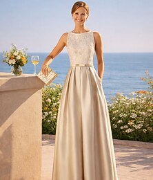 economico -Linea ad A Lunghezza al pavimento Abito da Sera Da principessa Abito formale Elegante Stile Impero Senza Maniche Collo gioiello Serata Formale Invitato a matrimonio autunnale Raso con Fascia / Nastro