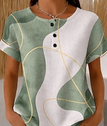 abordables -Mujer Tops tejidos con textura Camiseta Ombre Graphic Geometría Elegante Clásico Manga Corta Cuello Barco Henley Tops regulares Diario Deportes Negro y blanco Verde Claro Caqui Arco Iris Verano