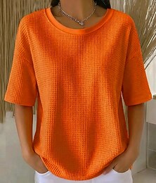 זול -בגדי ריקוד נשים חולצת וופל חולצה קצרה טי שירטס טופים מארג וויפל צבע אחיד קלסי מודרני יום יומי שרוולים קצרים צווארון עגול קצר חולצות רגילות יומי חגים ליציאה שחור לבן צהוב ורוד מסמיק יין קיץ אביב