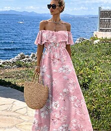 billiga -Dam Maxiklänning Boho-klänning Solklänning Vardagsklänning Etnisk klänning Elegant bohemliv Semester Strand Helgdag Datum Lös passning Blommig Kortärmad Över axeln Rodnande Rosa Sommar Vår