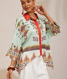 economico -Camicia etnica in raso setoso con maniche a pipistrello e motivo totem.