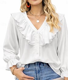 economico -Per donna Camicia Abbottonare Camicia casual Top in chiffon Volant Patchwork Bottoni Tinta unica Semplice Elegante Vacanza Moda Manica Lunga Scollo a V Top Regolari Quotidiano Ferie Uscire Nero