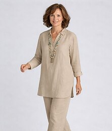 abordables -Ensembles en coton et lin pour femmes, vêtements d'intérieur basiques et confortables, chemise et pantalon unis, manches longues, col à revers, noir, marron, kaki, bleu foncé, été, printemps