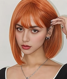 economico -Parrucca arancione, caschetto liscio, capelli corti da 12 pollici, parrucche cosplay per donne, feste in costume