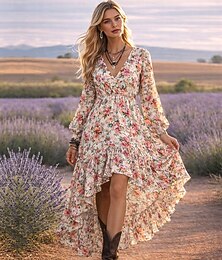 voordelige -Dames Maxi-jurk Geplooide jurk Fit And Flare-jurk Verjaardag Casual Formeel Strand Afspraakje Normale pasvorm Bloemig Grafisch Lange mouw V-hals Blozend Roze Zomer Lente